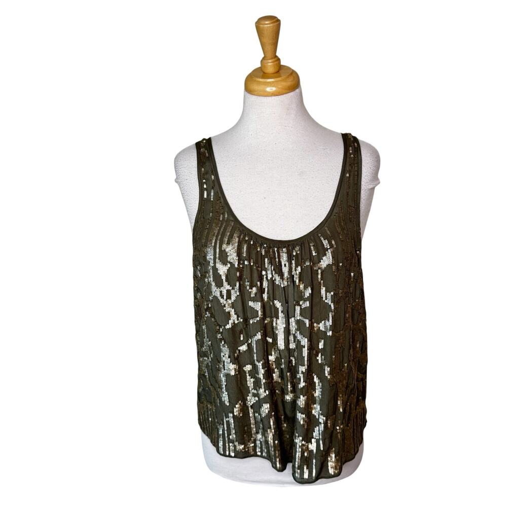 LOVE SAM Gold Sequin Scoop Neck Tank Top Olive Green Size Small